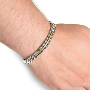 Silver & 18K Gold Cuban Link Bracelet with Cable Bar