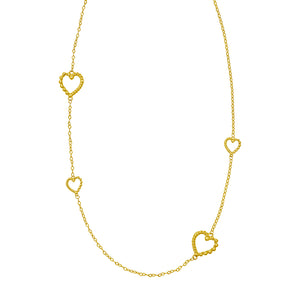 14K gold long necklace with hearts featuring a twisted texture from the Italian cable collection, crafted by skilled artisans.