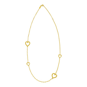 14K gold long necklace with hearts featuring a twisted texture from the Italian cable collection, crafted by skilled artisans.