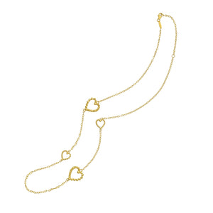 14K gold long necklace with hearts featuring a twisted texture from the Italian cable collection, crafted by skilled artisans.