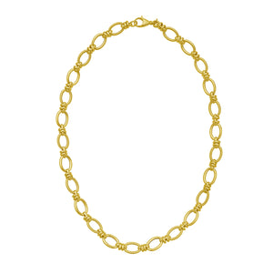 14K Yellow Gold necklace with double rings and twisted links, handcrafted in Italy, featuring a secure lobster clasp.