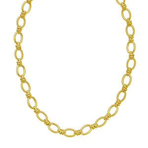 14K Yellow Gold necklace with double rings and twisted links, handcrafted in Italy, featuring a secure lobster clasp.