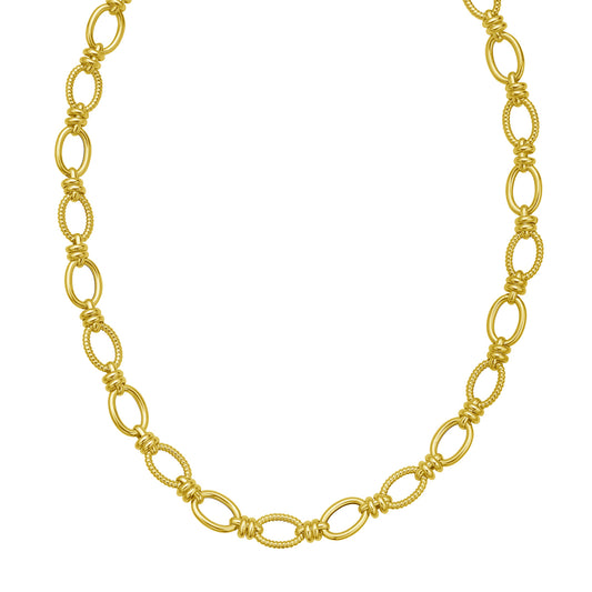 14K Yellow Gold necklace with double rings and twisted links, handcrafted in Italy, featuring a secure lobster clasp.
