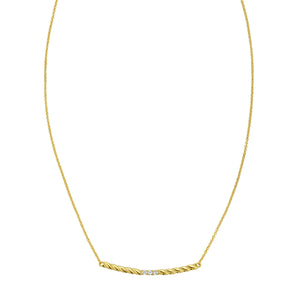 14K gold necklace with a twisted bar and natural diamonds, featuring an adjustable and delicate chain for a perfect fit.