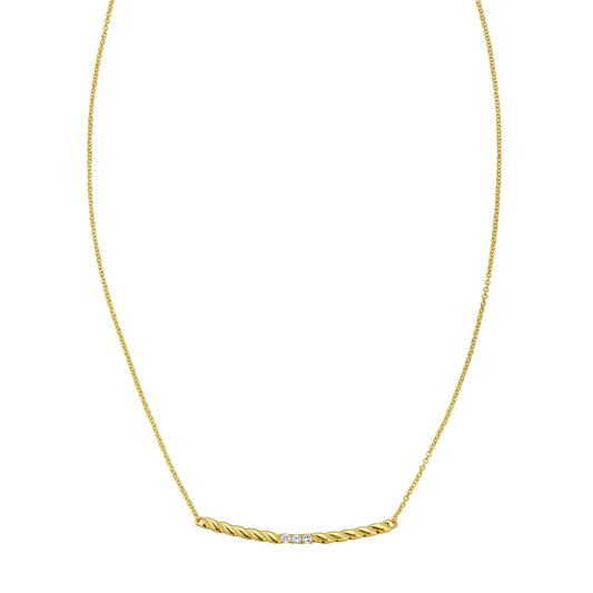 14K gold necklace with a twisted bar and natural diamonds, featuring an adjustable and delicate chain for a perfect fit.