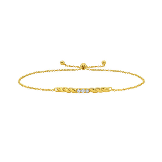 14K gold bracelet with a twisted bar and natural diamonds, featuring a delicate chain and adjustable drawstring closure for a perfect fit.
