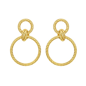 14K gold Door Knocker large Earrings with a twisted cable texture.