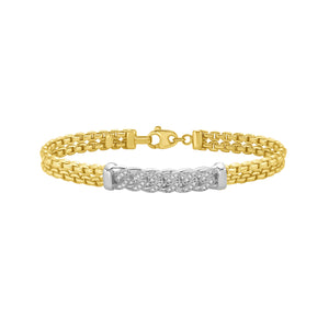  14K Diamond Pave Venetian Curb Link Bracelet with yellow and white gold, featuring interlinked links, sparkling diamonds, a secure lobster clasp, and a distinctive Venetian link texture.