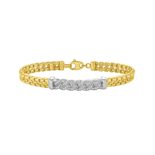  14K Diamond Pave Venetian Curb Link Bracelet with yellow and white gold, featuring interlinked links, sparkling diamonds, a secure lobster clasp, and a distinctive Venetian link texture.