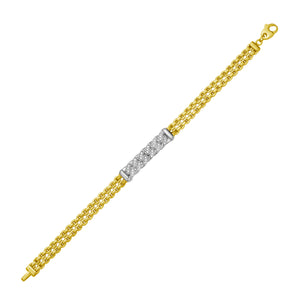 14K Diamond Pave Venetian Curb Link Bracelet with yellow and white gold, featuring interlinked links, sparkling diamonds, a secure lobster clasp, and a distinctive Venetian link texture.