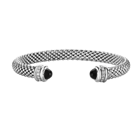 Sterling Silver Popcorn Gemstone & Diamond Classic Cuff Bangle