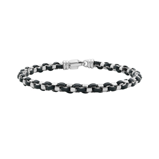 Silver & Black Leather Men's Box Link Bracelet