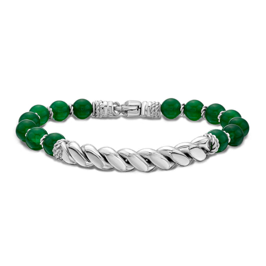 Silver Twist Bar & Green Agate Bead Bracelet