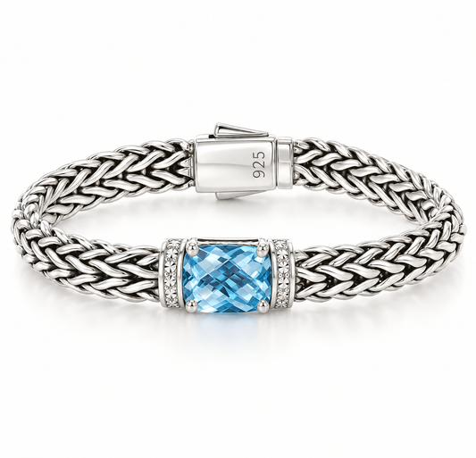 Silver Woven Chain Large Blue Topaz Bracelet