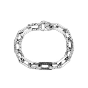 Silver Woven Rectangular Chain Link Bracelet with Sapphires
