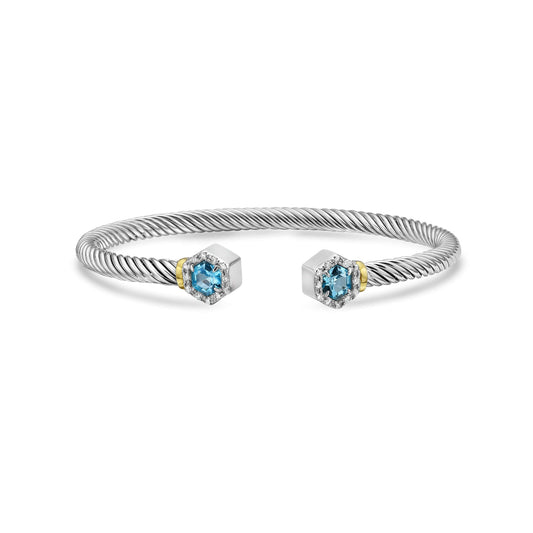Silver & 18K Hexagon Cable Blue Topaz Bangle