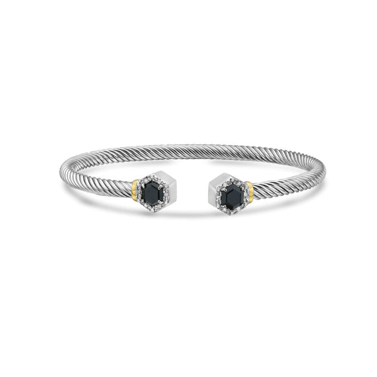 Silver & 18K Hexagon Cable Black Onyx Bangle
