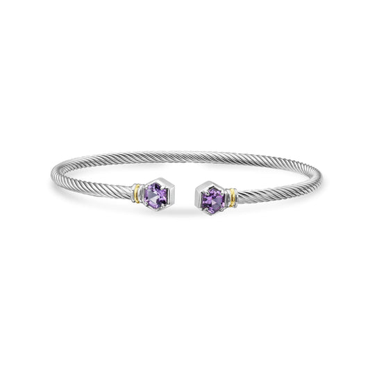 Silver & 18K Hexagon Cable Amethyst Bangle