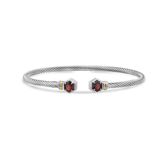 Silver & 18K Hexagon Cable Garnet Bangle
