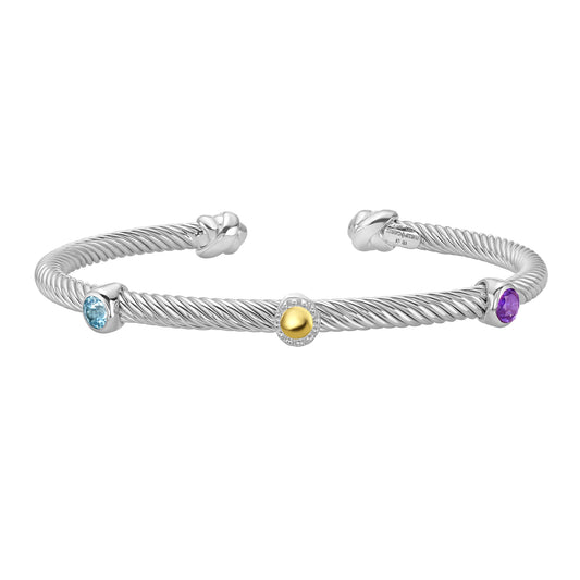 Silver & 18K Triple Accent Amethyst Blue Topaz Cuff, gemstone bracelet, gold bracelet, silver bracelet 