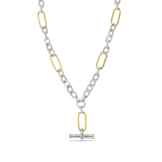 Silver & 18K Gold Italian Cable T-Bar Necklace