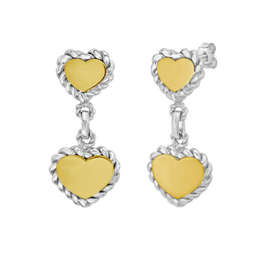 Silver & 18K Heart Cable Drop Earrings