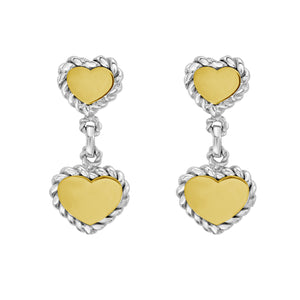 Silver & 18K Heart Cable Drop Earrings