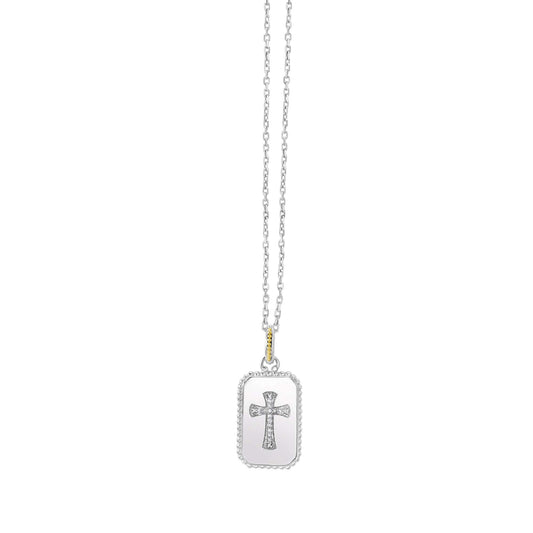 Silver & 18K Gold Diamond Cross Medallion Tag