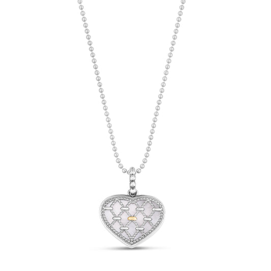 Silver & 18K Gold Prosecco Mother of Pearl Netted Heart Necklace