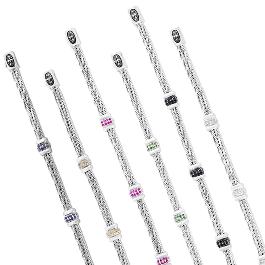 Silver Small Woven Chain Three Station Gemstone Bracelet