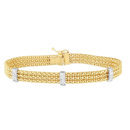 14K Gold & Diamond Triple Row Popcorn Bracelet