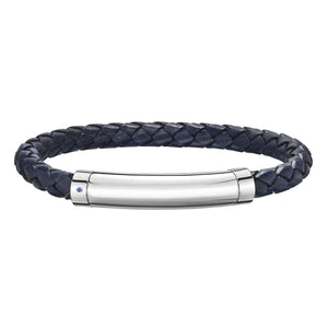Sterling Silver Men's Leather Bar Bracelet With Blue Sapphire