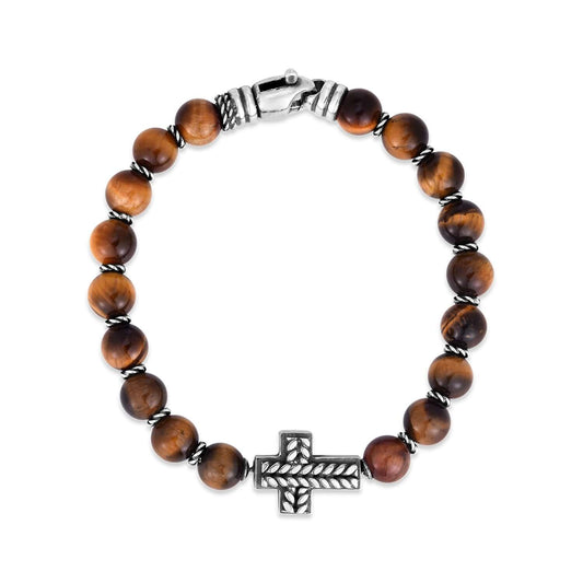 Silver Cross & Gemstone Bead Bracelet