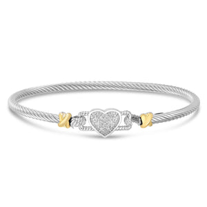 Silver & 18K Gold Diamond Heart Cable Bangle