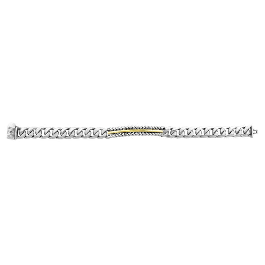 Silver & 18K Gold Cuban Link Bracelet with Cable Bar