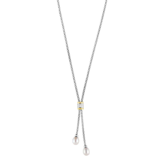 Silver & 18K Gold Diamond & Pearl Necklace