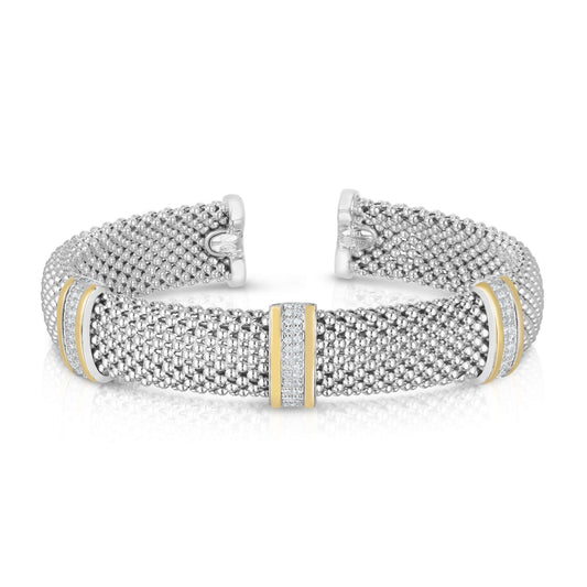 Silver & 18K Gold Diamond Station Striped Bold Cuff