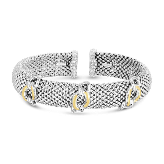 Silver & 18K Gold Popcorn Curb Accent Cuff Bracelet