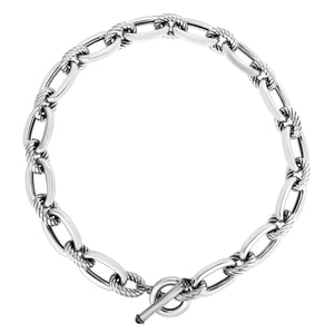 Silver Big Bold Link Italian Cable Toggle Necklace with Black Onyx Accents