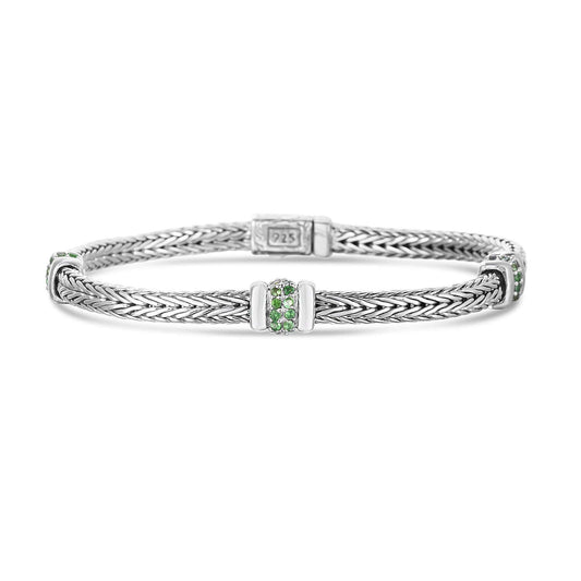 Silver Small Woven Chain Three Station Gemstone Bracelet