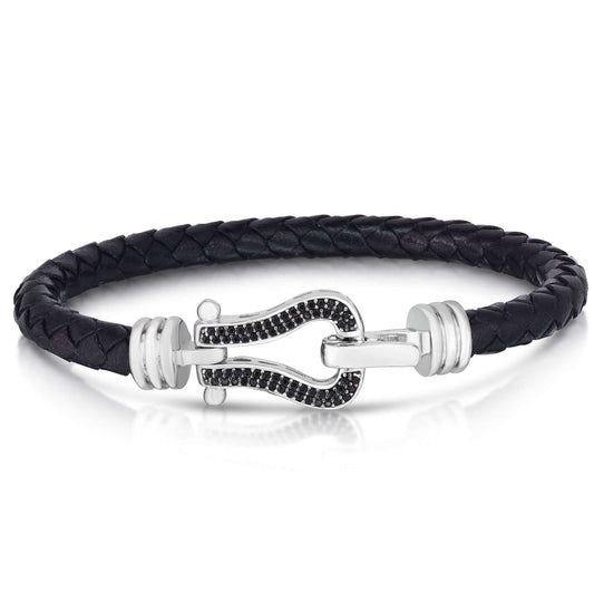 Silver & Black Diamond Buckle Bracelet on Leather