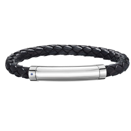 Sterling Silver Men's Leather Bar Bracelet With Blue Sapphire