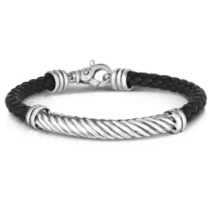 Silver Men's Twisted Cable Leather Bracelet
