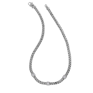 Silver Woven Chain White Sapphire Three Station Necklace