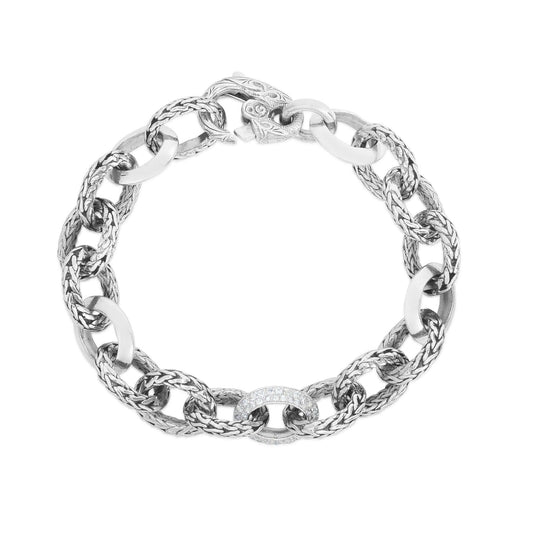 Silver Woven Oval Chain Link Bracelet with Sapphires