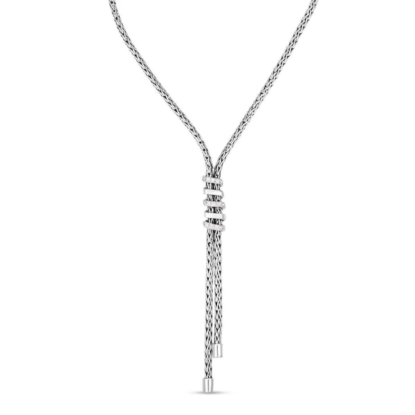 Silver Woven Spiral Lariat Necklace with White Sapphires